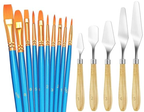 15 Pezzi Spatole per Pittura,Acciaio Inox Spatole per Tavolozza con Set Pennelli Pittura,Coltelli Pittura per Olio Acrilica,Acquerello Art,Manico in Legno