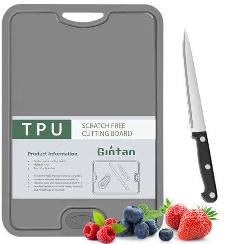 Gintan Flexibles TPU Schneidebrett, BPA-frei, mit Messer- und Saftrille, kratzfeste flexible Schneidebretter für die Küche, spülmaschinenfest, griffiger Griff, rutschfest (Dunkel Grau)