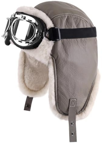 Lifup Unisex Vintage Fliegermütze und Brille, Hunting Hut mit Ohrenschützern aus Pelz, Trappermütze mit Kunstleder Fellmütze Herren Russenmütze Grau