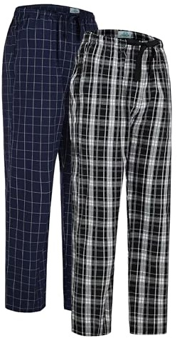 GLOBAL Herren Pyjamahose aus Baumwolle Schlafanzughose 2er-Pack Karierte Hosen Gewebte Elastische Schlafhose mit Kordelzug,Blau,Kariert&Schwarz,Kariert 2,L
