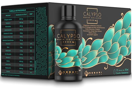 Calypso Integratore Collagene Da Bere Marino 8000 Mg Puro Alto Dosaggio Idrolizzato 15x50ML Con Vitamina C Acido Ialuronico,Biotina Glucosamina Boswellia Cardo Mariano Acido Folico Vitamina A B6 Zinco