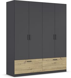 Rauch Möbel Bari, Kleiderschrank für Schlafzimmer, Wohnzimmer, Kinderzimmer, Flur, Garderobe, 4-türig, 2 Schubladen, Farbe Grau metallic, Schwarz/Eiche Artisan, Holz, Breite 181 cm