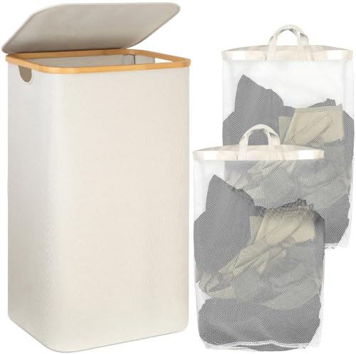 POWZOO Wäschekorb mit Deckel,110 Liter faltbare Waschekorbsammler,2 Herausnehmbarer Wäschesäcke,Wäschesortierer Wäschetonne,Laundry Baskets für Waschküche,Kinderzimmer,Schlafzimmer,Badezimmer(Weiß)