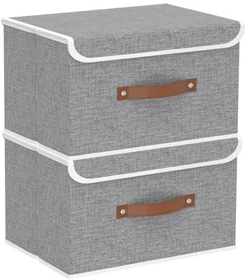 Yawinhe 2 Stück Faltbare Aufbewahrungsbox mit Deckel,33x23x20cm,Grau | Waschbare Aufbewahrungsboxen;Faltbare Stoff Stoffboxen;Kisten Aufbewahrung mit Praktischen Griffen;Faltboxen Aus Vliesstoff