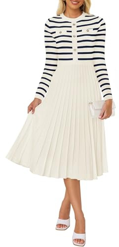 ZESICA Abito Longuette da Donna a Maniche Lunghe a Righe, Girocollo, con Bottoni, a Costine, Plissettato, Linea Svasata, Albicocca, M