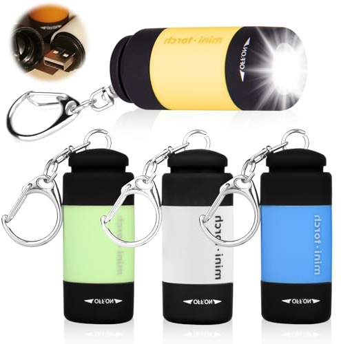 GAOUTO 4 Stücke Mini LED Taschenlampe, Taschenlampe USB Wiederaufladbare, IPX8 kleine Wasserdicht Taschenlampen mit Schlüsselanhänger, kindertaschenlampen für Camping, Grillen, Outdoor, Dringend.