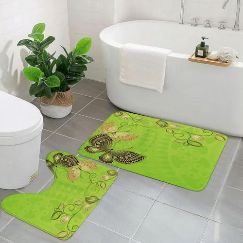 EYLOZS Badezimmerteppich Set 2 Teilig Waschbar rutschfeste Badematte Toilettenmatte Weich Saugfähige Badteppiche,Grüner Frühlingsblumenrahmen mit Vintage-Schmetterlingen (Vektor EPS 10)