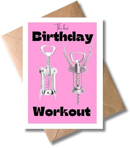 WBdesignz Lustige Geburtstagskarte für Frauen und Männer mit Umschlag – witzige Karte mit Korkenzieher-Motiv „The best Birthday Workout“ - Humorvoll zum Geburtstag (DIN A6)