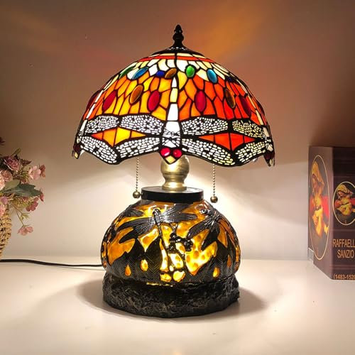 BOTOWI Libelle Lampe Tiffany Stil Tischlampe Buntglas Lampe Schlafzimmer Nachttisch Lesepult Licht für Wohnen Büro Schlafsaal Retro Akzent Dekor 12 Zoll Nachttisch Lampen,Rot