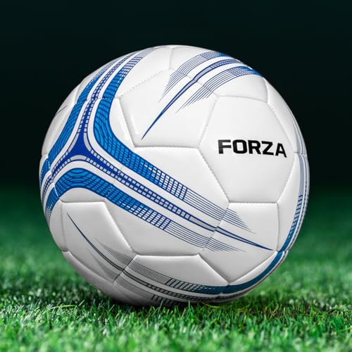 FORZA Träningsfotboll [Storlek 1-5] | Hållbar träningsfotbollar för juniorer och äldre - flera färgalternativ och förpackningsstorlekar (paket med 1, vit och blå, storlek 4 (junior))