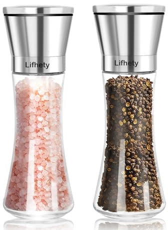 Molinillo Pimienta con Grosor Ajustable, 2Piezas Molinillo de Pimienta de Cristal, Molinillo Sal y Pimienta con Núcleo de Cerámica (Sin contenido de especias)