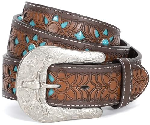 VONMELLI Cintura Uomo in Pelle PU Occidentale Cintura in Pelle Di Mucca Incisa Cinture Occidentale Cowboy Cowgirl Country con Fibbia Retrò per Abiti Di Jeans Vintage Cinture da Uomo Donna Blu S