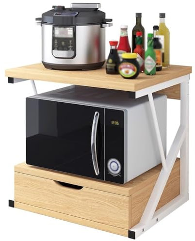 Mikrowellenständer aus Holz mit 2 Ebenen, mit Schublade, Küchenregal, Organizer für Zuhause, Büro, Drucker, Mikrowelle, platzsparende Lösung zum Organisieren und Entwirren