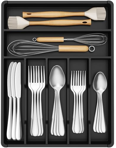 Lifewit Range Couvert Tiroir, Organisateur Couverts Tiroir Cuisine, 31x41 cm, Rangement pour Vaisselle, Bac de Rangement pour Cuillères/Fourchettes/Couteaux/Vaisselle, 7 Compartiments, Noir