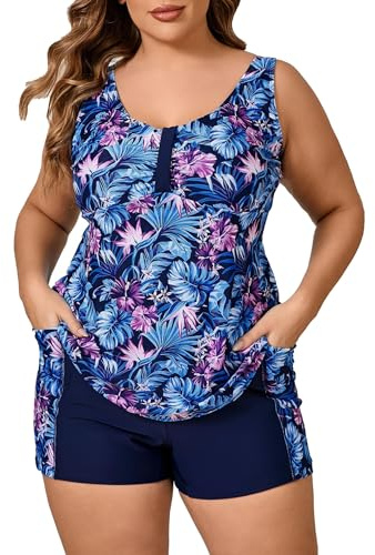 Halcurt Tankini Damen Set Große Größe Bademode mit BH Zweiteilig Badeanzug Tankini Oberteil mit Badeshorts 3X