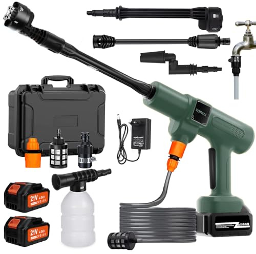 TOPALL Hidrolimpiadora Bateria Portatil,Press & Clean Pistola Lavado,Máximo 45Bar/652PSI,Pistola de Agua a Presión con Batería de 2*4.0Ah | Manguera de 8.5M | 6 en 1 Boquilla |Giratoria Boquilla,TP-05