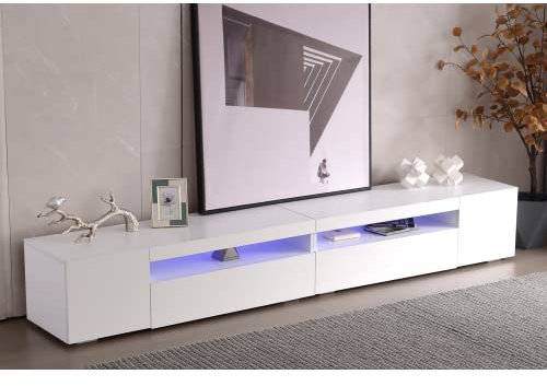 Générique Meuble TV 240x39x35 cm Aver 2 Portes et 4 niches, Meuble Tele en éclairage avec LED 16 Couleur, Salon et Salle à Manger Blanc