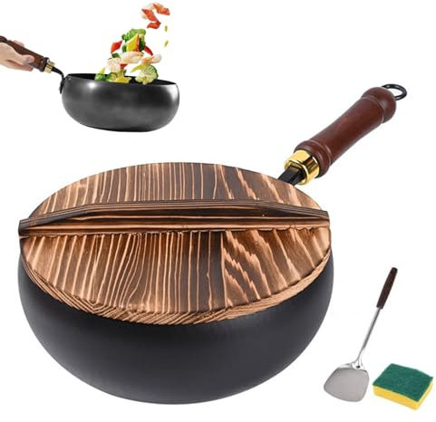 Uncoated Iron Pan, Hand-Forged Non-Stick Iron Pan Without Coating with Wood Handle and Wood lid, Portable Round Bottom Wok for Cooker Gas and Induction Cooker (28cm/11inch)