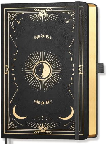 LOAPEM Lined Journal Notebook, 192 Pages, A5 Medium Size (14.5 x 21cm), for Women & Men, Journaling, Writing, Work & Office, Sun and Moon Cover Design, Hardcover, 100 GSM Thick Paper - Black
