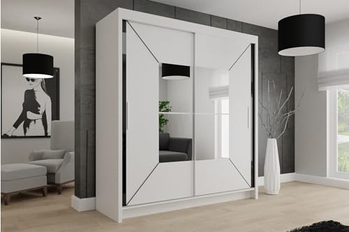 Krudox NIC Weiß Schiebetürenschrank Kleiderschrank 150x216x62 cm mit Spiegel - Schlafzimmermöbel, Aufbewahrung – Mehrzweckschrank mit 2 Kleiderstangen