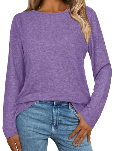 Maglietta basic a maniche lunghe da donna, in tinta unita, con scollo rotondo, casual, a maniche lunghe