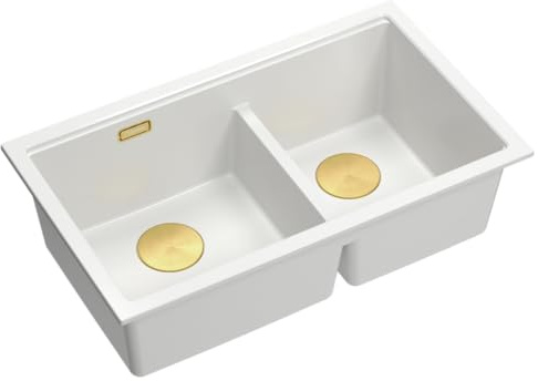 QUADRON 2 Bacs Evier en Granit Cuisine | Taille 78 x 50 x 23,5 cm Couleur : Blanc & Golden Pvd | LOGAN 120 | Evier en Granit avec siphon | Evier 2 Bacs sous le meuble à partir de 80 cm