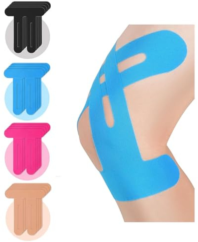 Ruayia 12 Stück Kinesiologie Tape, Kinesiotapes Vorgeschnitten Hautfreundlich für Knie, Wasserfestes Kinesiotape, Kinesiologie Tape für Sport & Dauerhafte Unterstützung (Blau+Hautfarbe+Rosa +Schwarz)