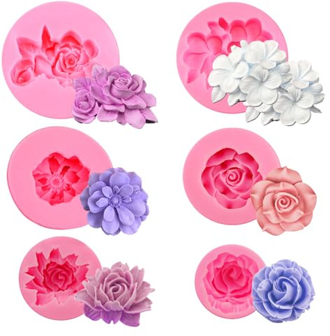 Girihe 6 PCS Silicone Flower Moulds, Reusable Silicone Moulds Candle Mould 3D Rose & Siliconee Mould for Crafting Decorations for Chocolate Cake, Candle Making