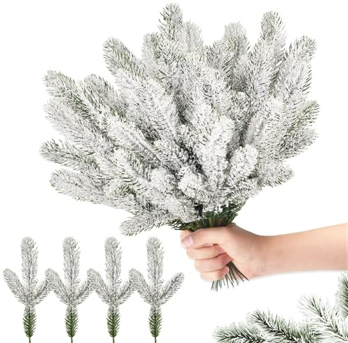 ROLLWAY Tannenzweige Künstlich wie Echt/Tannengrün mit Schnee,40 Stück,26CM | Weiße kunst Weihnachtszweige,Unechte Tannenzweige Kunsttanne Plastik kunstzweige Weihnachten Deko zweige für DIY Adventskranz