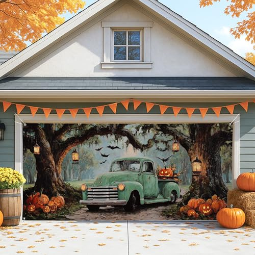 Cubierta verde vintage para puerta de cochera, decoración rústica de calabaza de otoño, decoración de Halloween para interiores y exteriores, 157 x 71 pulgadas