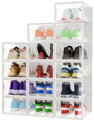 CM HOME 15 Cajas Zapatos Transparentes Apilables con Apertura Frontal y Antivuelco, Organizador de Zapatos Plástico hasta Talla 45 EU, Blanco (BLANCO, 15 UNIDADES)