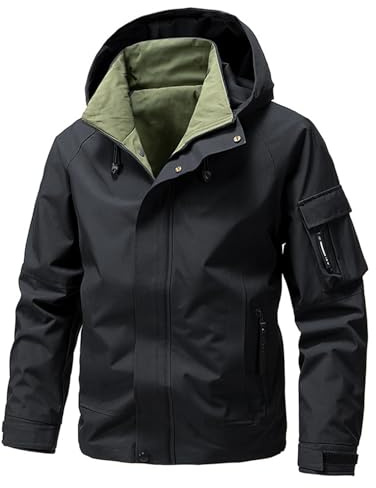 Générique Veste Homme Imperméable avec Capuche Zippé Vestes de Randonnée Cargo Décontractée Blouson Hiver Chaud Légère et Résistante Manteau Anti Vent Manches Longues Multipoches Jacket M-5XL Noir 5XL