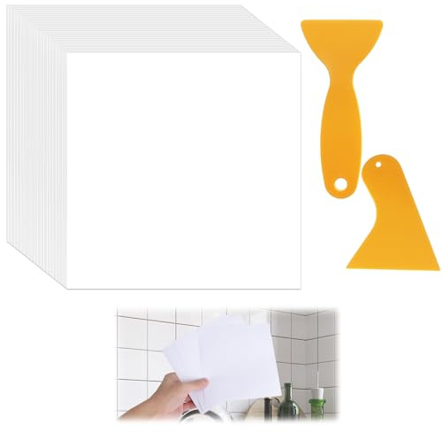 Fliesenaufkleber 15 x 15 cm, 50 Stück Klebefliesen Bad mit 2 Rakel, Weiß, PVC, Wasserfest, Selbstklebende Fliesen für Küche und Badezimmer