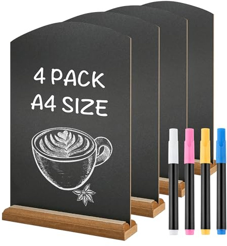 4PCS A4 Chalkboard, 11.8 x 8.6 Inch Chalkboard Signs with 4 Colors Liquid Chalk, Menu Chalk Board Sign Double Sided Tabletop Chalk Boards for Party, Tables Decoration, Bar and Restaurant