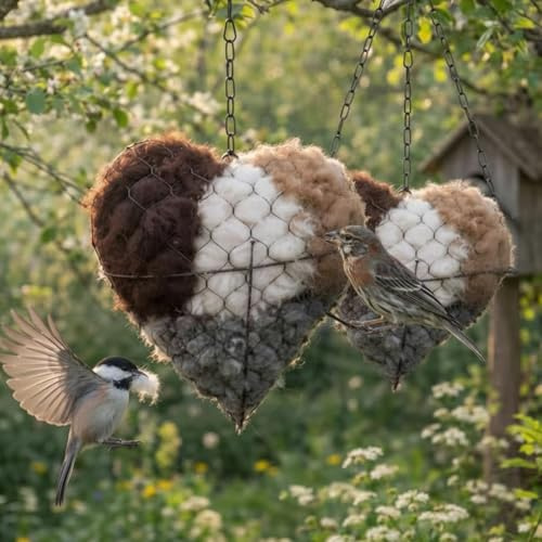Handmade Fiber Bird Nesting Heart, Refillable, Heart Shape, Includes 2 Bags of Nesting Materials, for Hummingbirds, Garden Decor,Spring and Summer Fowl Gifts Animal Hummingbirds Lovers Home (2 Set)