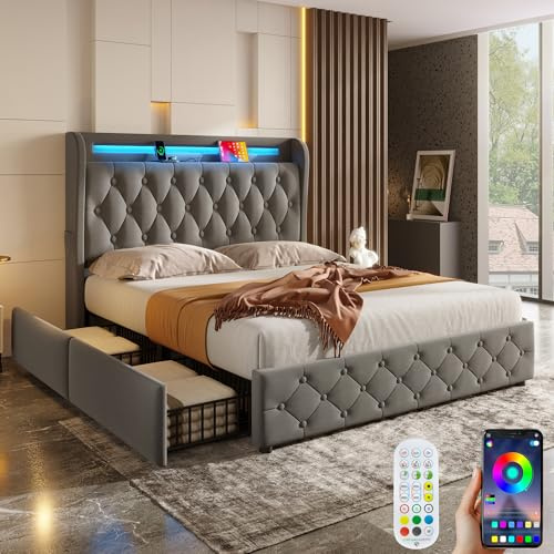 Sapgaks Cama de 140x190 cm con iluminación LED y Puertos USB, Cama tapizada de Matrimonio con somier de láminas y 4 cajones, Estructura de Cama Juvenil