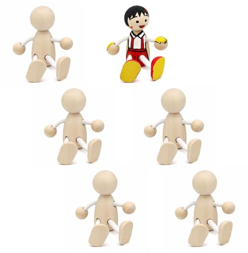 6 Stück Holzfiguren zum Bemalen, Holzfiguren Rohlinge, Figuren zum Bemalen - bewegliche Holzfigur aus Naturholz - Holzmännchen für DIY, Basteln, Tischdeko und Dekoration