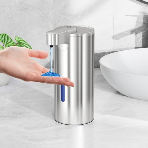 Fachixy Seifenspender Automatisch mit Berührungsloser Sensor, Edelstahl,Gel | USB-C aufladbar mit 2000mAh Akku, 3-Stufig Einstellbar, 340ml und IPX4-Schutz für Bad, Küche und Toilette, Silber