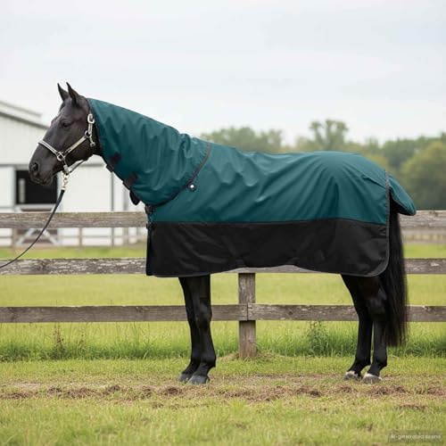 Kaloriko Hästfilt mörkgrön och svart vattentät polyester 165 cm med justerbart spänne och svanklucka perfekt för stall, vide, vinter, paddockskydd i kyla