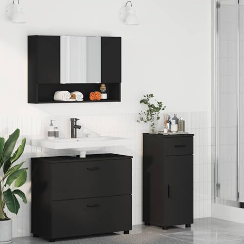 Yunovire Badrumsmöbelset, 3 delar, svart, plywood, metall, 76,5 x 35 x 64 cm, med tvättställsunderskåp, spegelskåp, högskåp, väggmonterad, för gäster, toalett, tvättrum, gott om lagringsutrymme och
