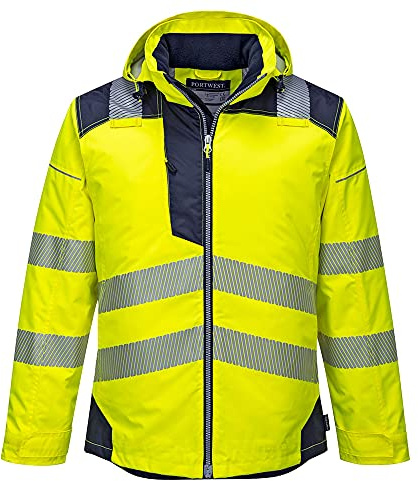 Portwest PW3 T400 Mens Hi Vis Hooded Work Jacket Waterproof Lightweight Quilt Lined Thermal Winter Safety Coat 300D Oxford Reflective Tape for Construction Rail Utility, Yellow/Navy, M