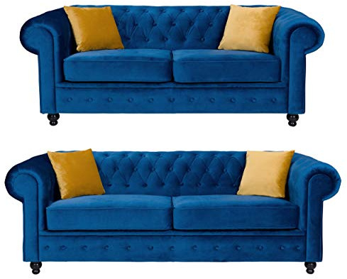 Sofas and More Hilton Chesterfield style Sofa Navy Blue French Velvet Fabric 3+2 Seater Set (3+2 Seater)