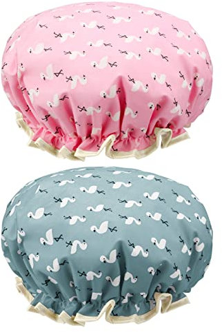 2 Pcs Shower Cap Elastic Band Waterproof Bath Caps Double Layers Reusable With Ruffled Edge Covering Ears for Girls and Women
