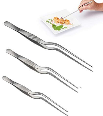 3Pcs Stainless Steel Precision Kitchen Chef Tongs,Offset Tweezers for Food Cooking,Culinary,Plates Garnish,Cake Decorating and Tissue Culture,Lengths: 14cm,16cm and 20cm