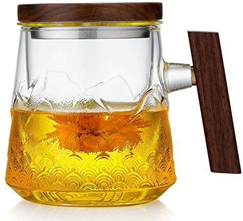 DOPUDO Tasse à thé en verre avec infuseur et couvercle, 570 ml, grande tasse à thé en verre avec motif paysage en relief, grande tasse à thé avec poignée en bois pour thé en vrac