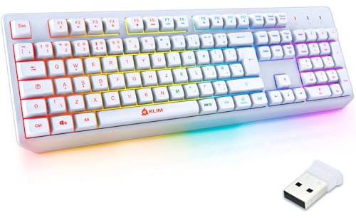 KLIM Chroma Wireless Keyboard UK Layout - Slim, Durable, Ergonomic, Quiet, Waterproof, Silent Keys - Backlit Wireless Gaming Keyboard For Laptop PC Gamer PS4 Mac - NEW VERSION - White