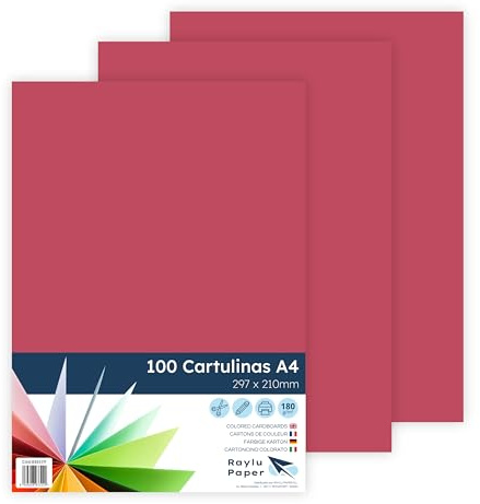 RAYLU PAPER A4-färgade kartonger, 100 stycken, färgade ark, 180 g/m², 210 x 297 mm, färgat papper för kontor och hantverk (röd)