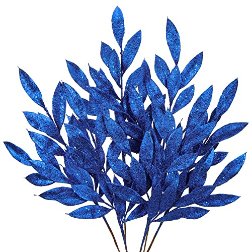 Hollyone 60CM Weihnachten Picks Glitzer 6 PCS, Weihnachtsdeko Glitzer, Weihnachten Blätter, Glitter Weihnachtsbaum Blätter Ornament Blau mit Lange Biegbare Stiele für Weihnachtsbaum Neujahr Ornamente
