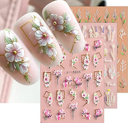 JMEOWIO 3D Nagelsticker Blume Laub Nail Art Sticker Selbstklebend Nagelaufkleber 5D Stereoskopisch Blumen Dekoration Nageldesign Zubehör 4 Blatt
