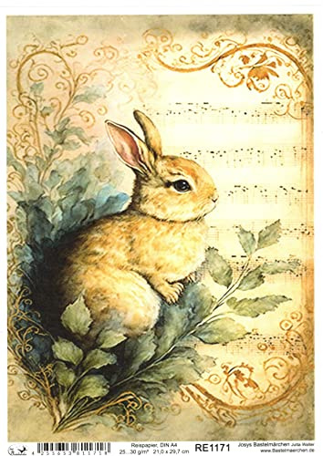 Josys Bastelmärchen Reispapier A4 Strohseide Decoupage Ostern Notenblatt Hase Blumen RE1171